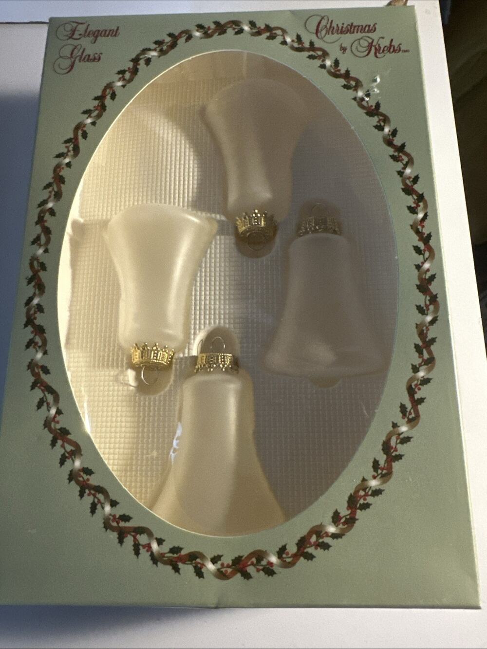 Christmas by Krebs Glass Bell Ornaments Boxed Vintage Set of 4 Frosted